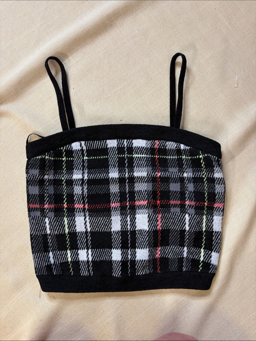 Alice + Olivia Black Plaid Knit Crop Top with Neon Stitching